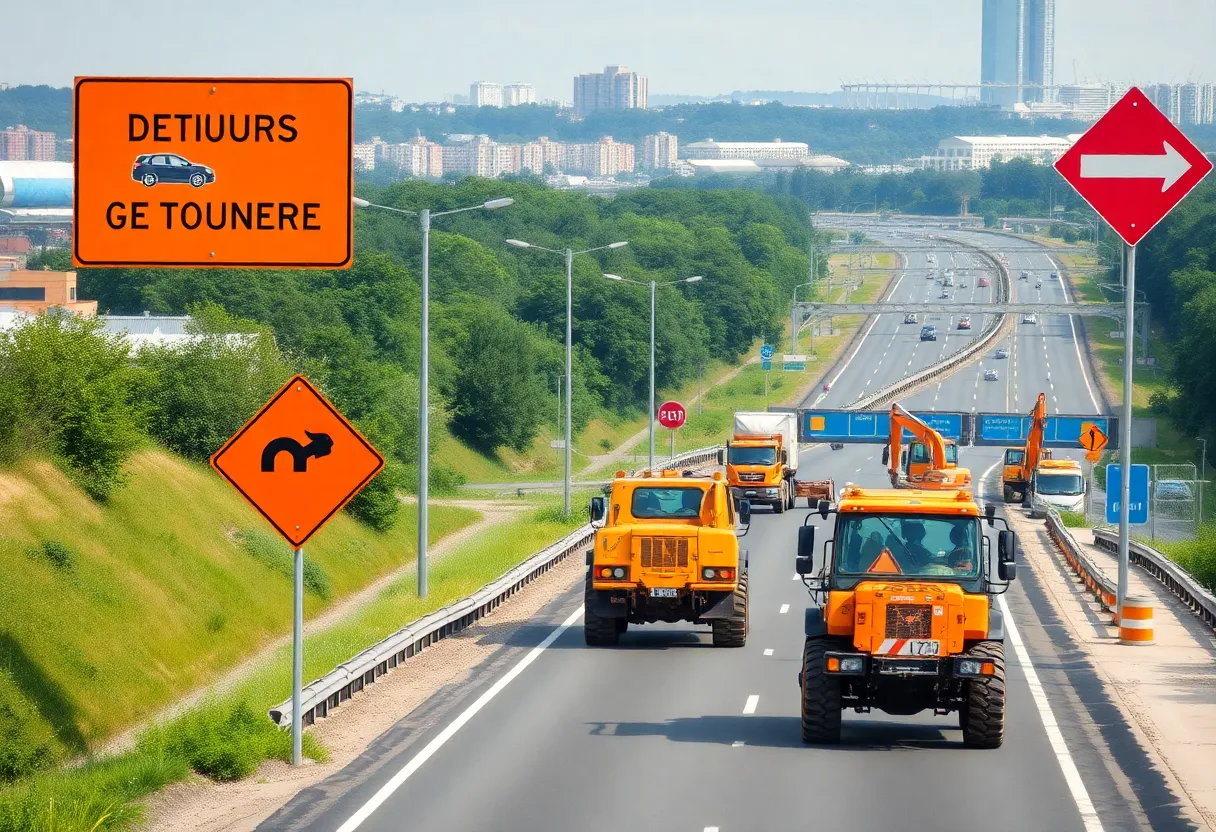 Construction site of I-696 with workers and equipment