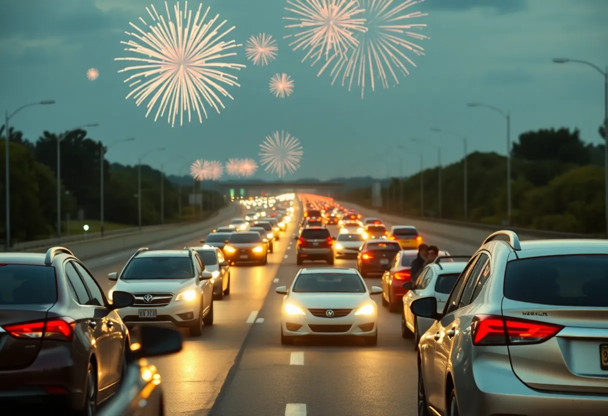 Cars on a crowded highway with fireworks in the background celebrating Independence Day.