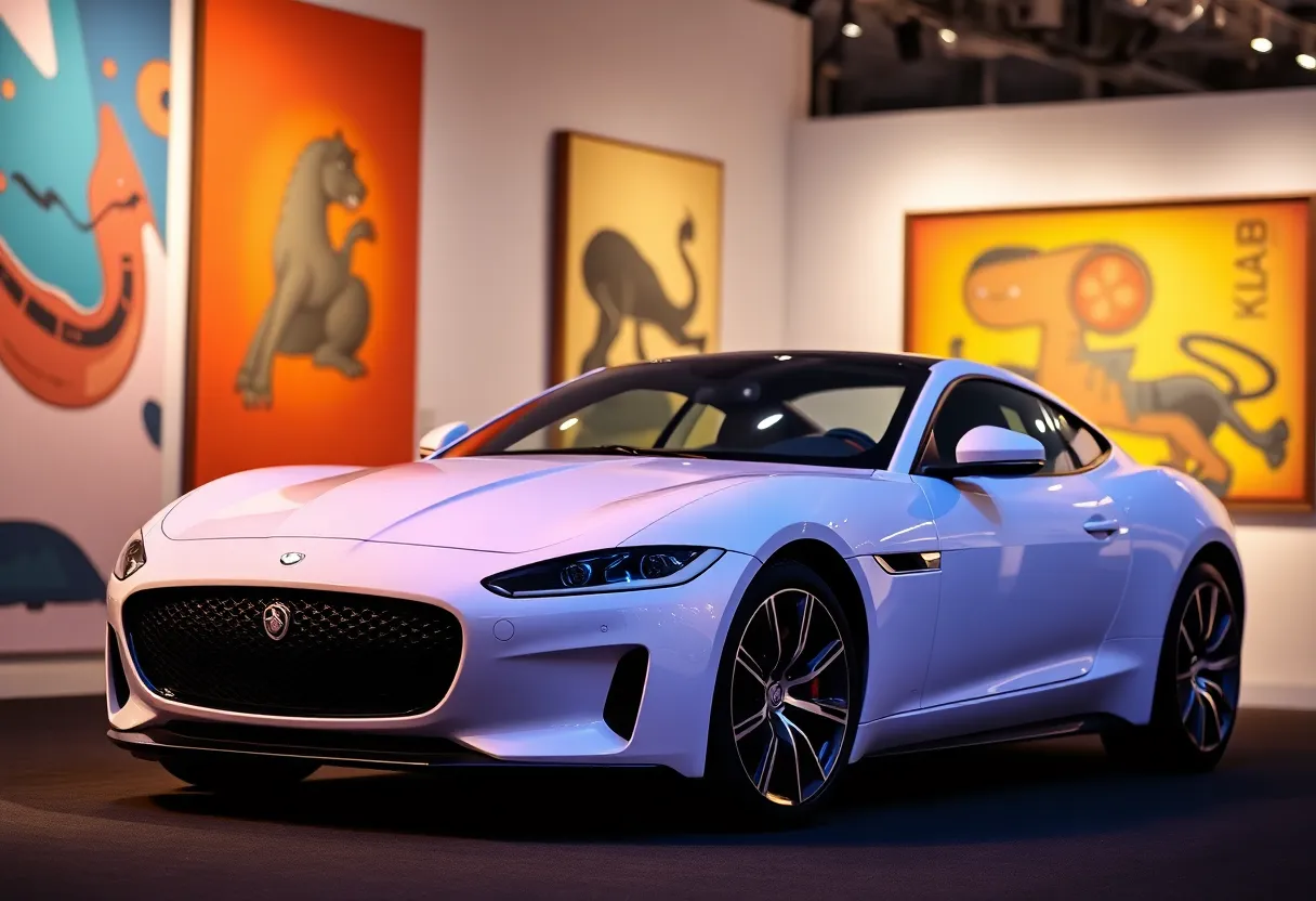 Jaguar car at Miami Art Week with colorful art installation