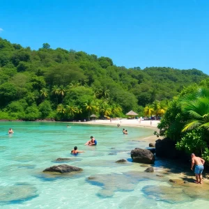 Beautiful beach in Jamaica with clear waters and palm trees