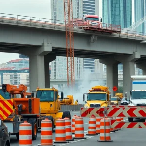 Construction workers at a bridge reconstruction site in Livonia