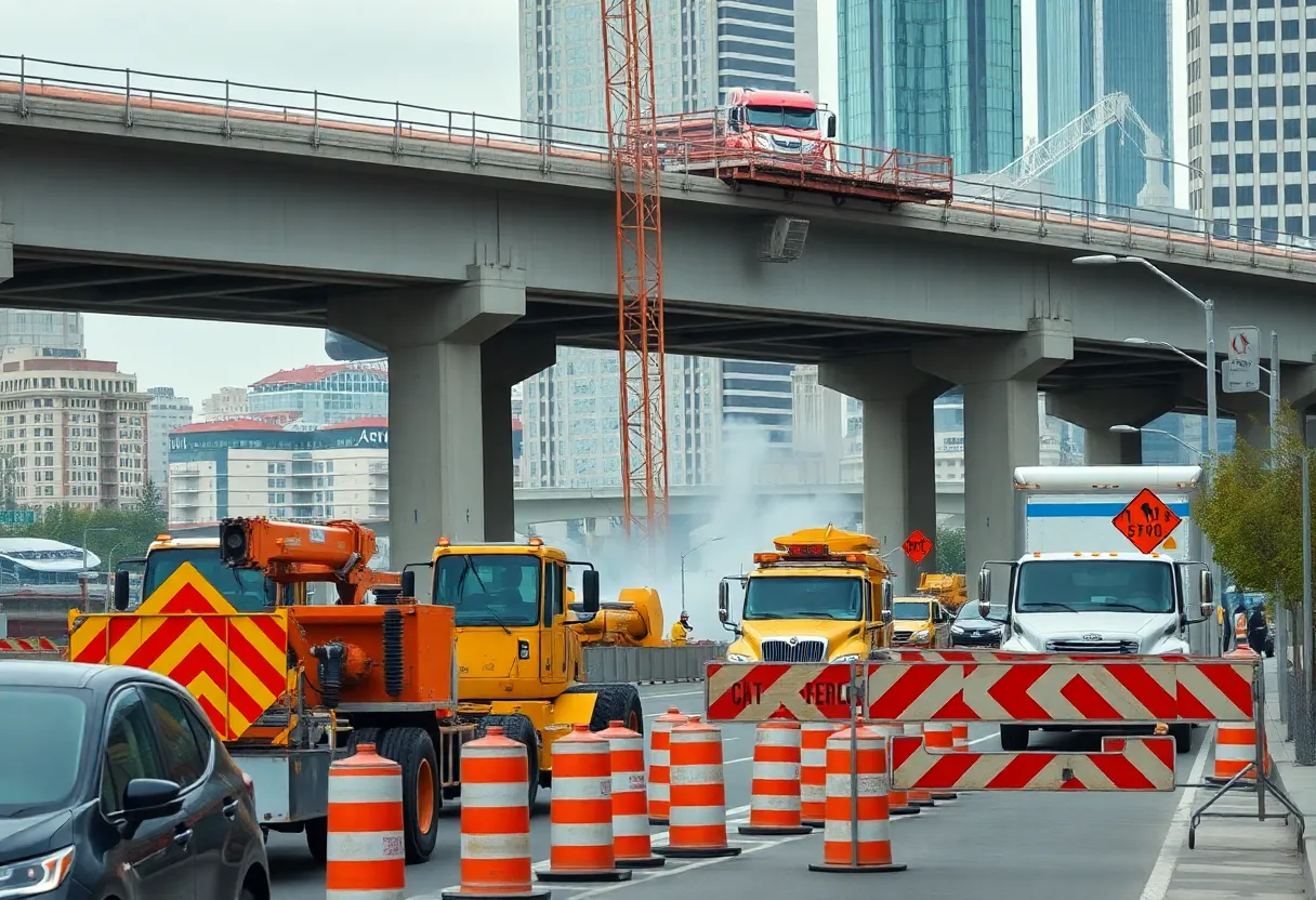 Aerial view of bridge reconstruction in Livonia with traffic detours