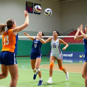 Michigan State volleyball players displaying teamwork during a match.