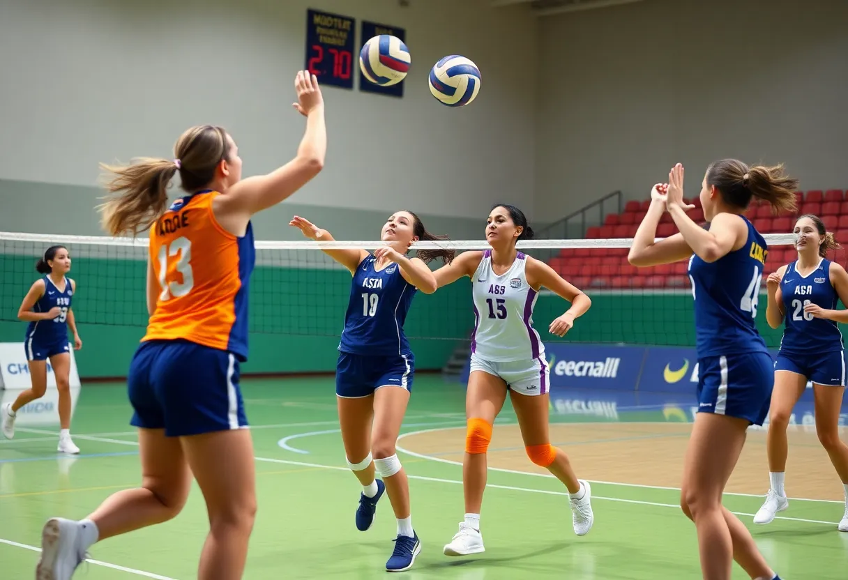 Michigan State volleyball players displaying teamwork during a match.