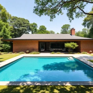 Exterior view of a Mid-Century Modern home with flat roof and large windows