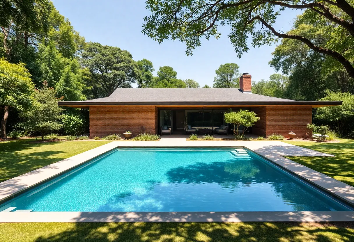 Exterior view of a Mid-Century Modern home with flat roof and large windows