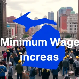 An illustration of workers representing the minimum wage increase in Michigan.