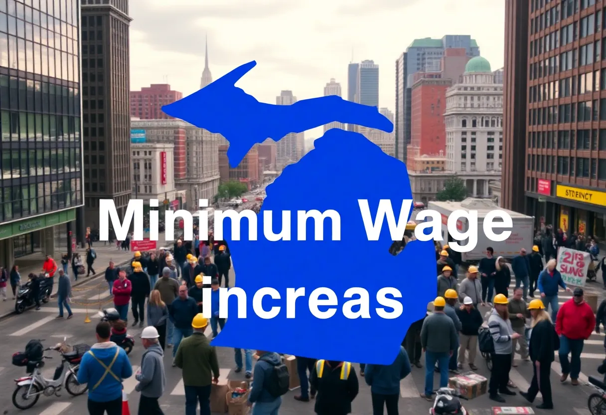 An illustration of workers representing the minimum wage increase in Michigan.