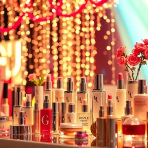 A celebration of Nice One Beauty Digital Marketing's IPO with beauty products.