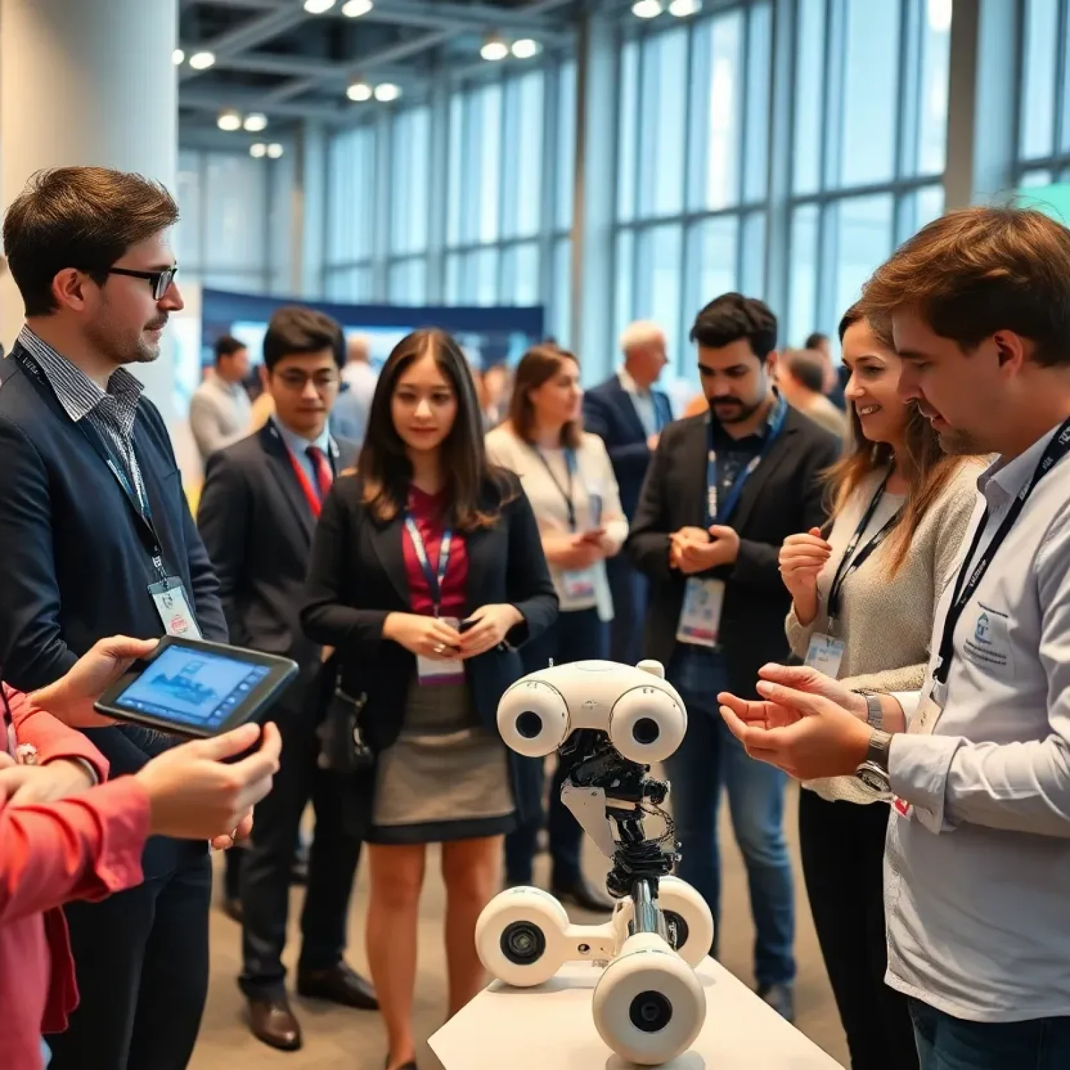 Attendees at the Novi collaborative robotics conference participating in hands-on demonstrations.