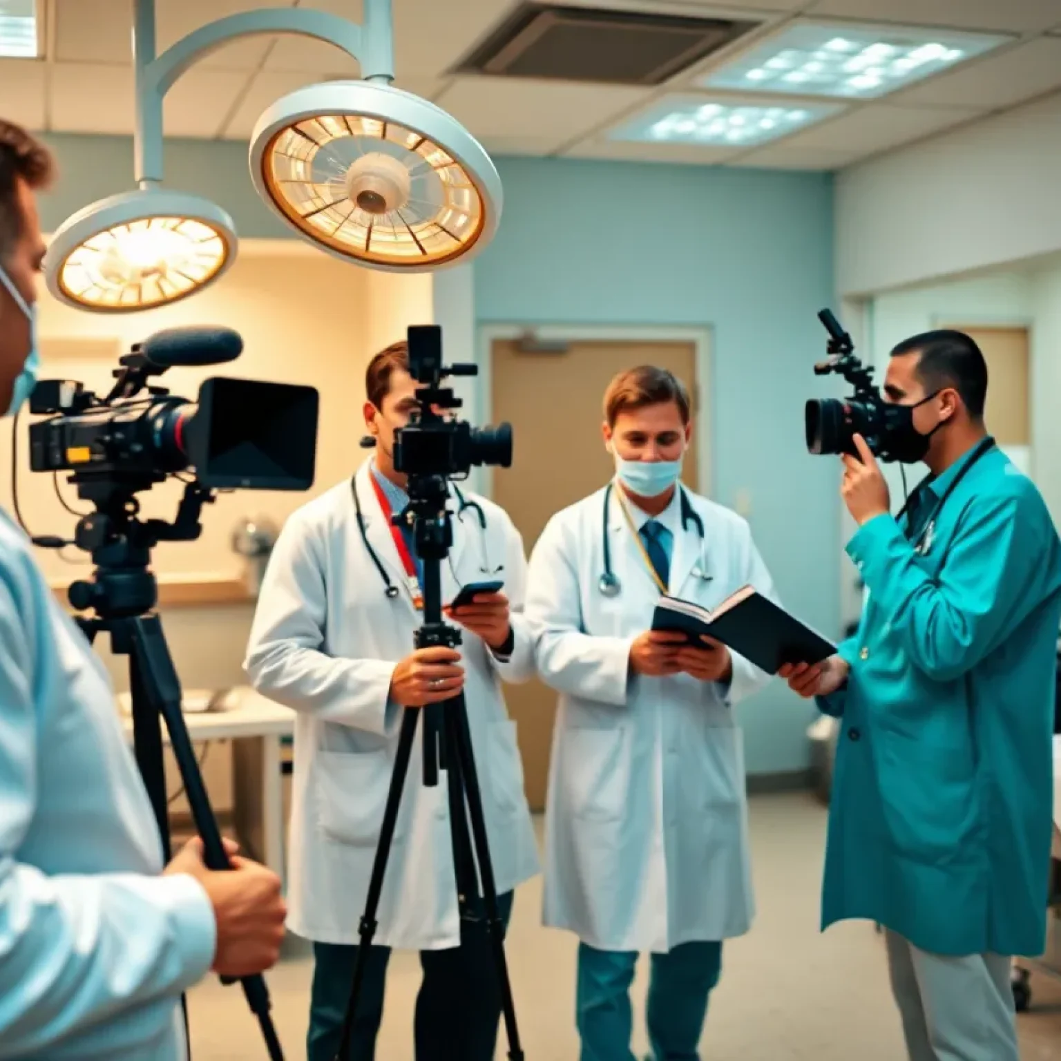 A depiction of medical professionals collaborating in a hospital setting.