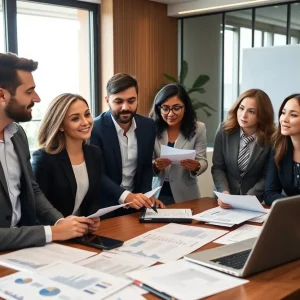 Professionals in a corporate office discussing Shyft Group's merger and financial strategies.