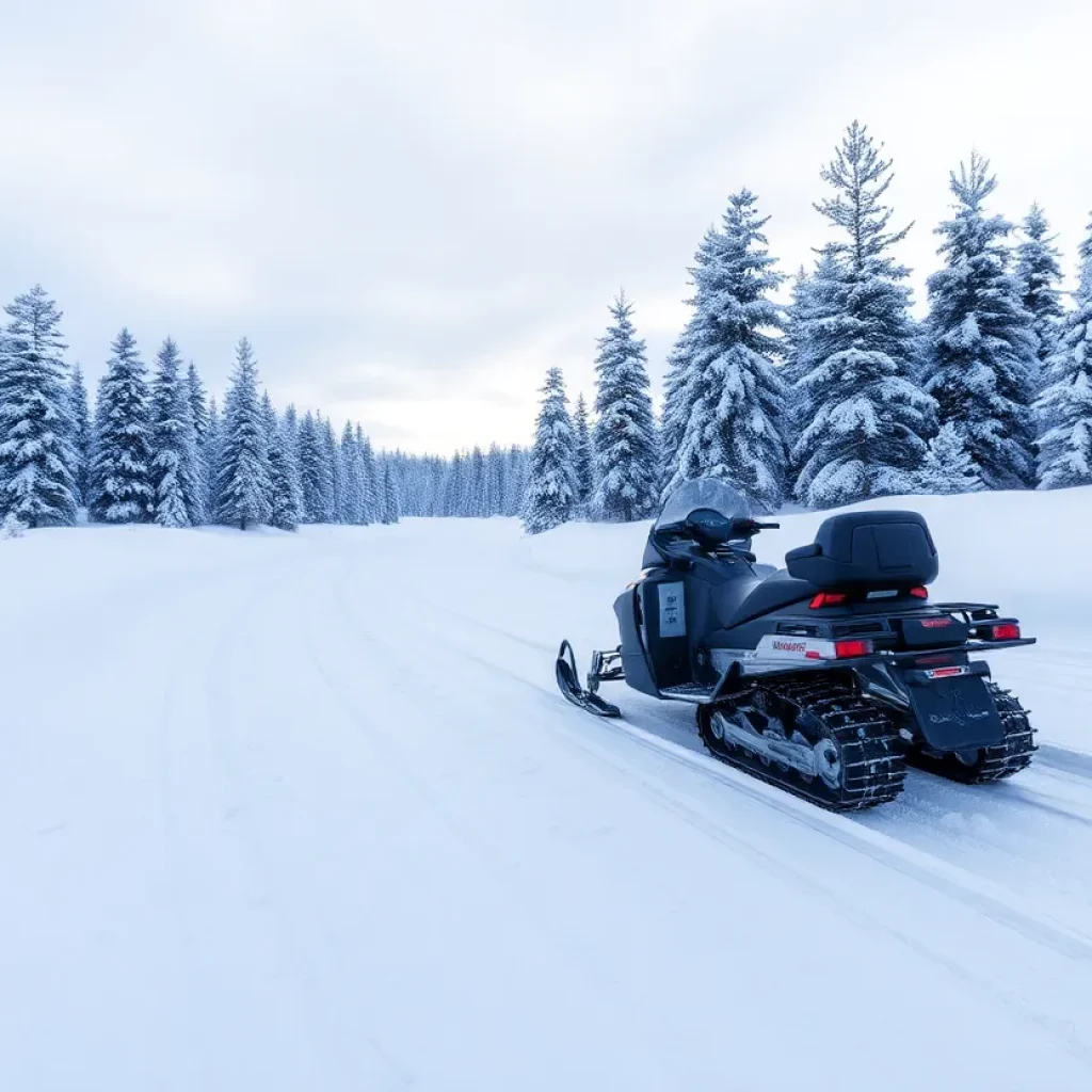 Snowmobile trail in a snowy forest