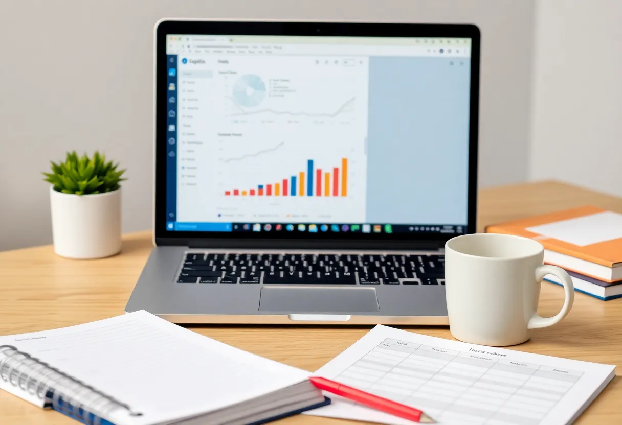 A workspace depicting social media management budgeting with analytics on a laptop.