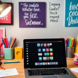 A social media manager's creative workspace with a laptop and colorful stationery.