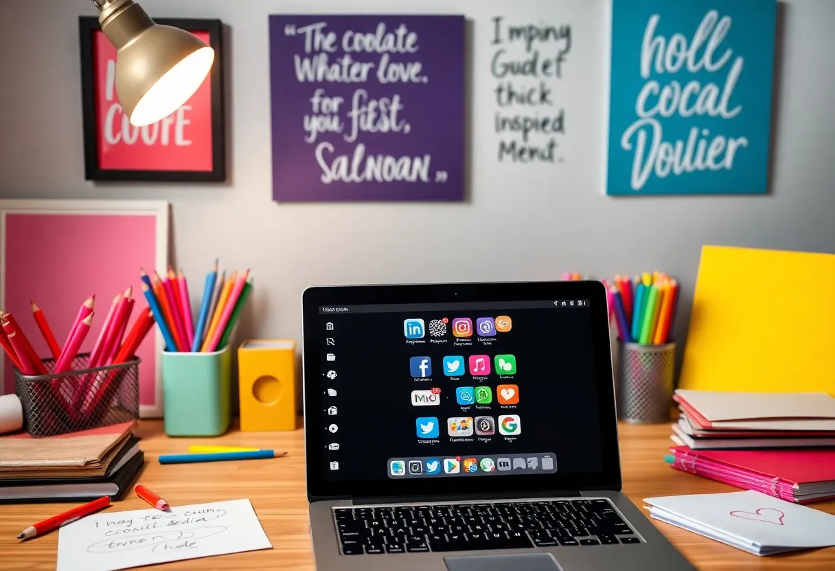 A social media manager's creative workspace with a laptop and colorful stationery.