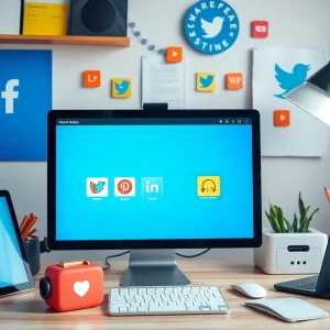 A workspace showcasing social media marketing strategies on a computer screen surrounded by marketing tools.