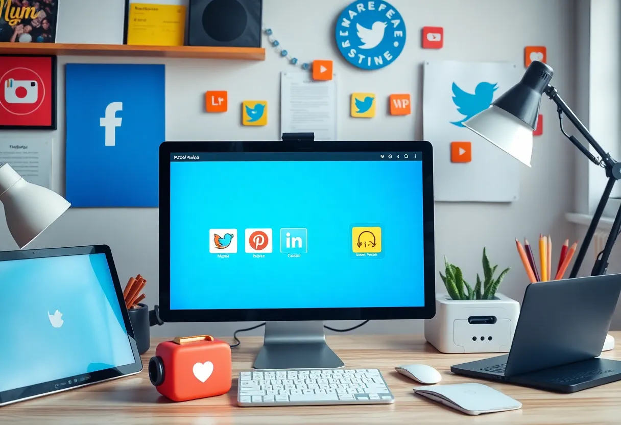 A workspace showcasing social media marketing strategies on a computer screen surrounded by marketing tools.