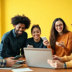 A diverse group of individuals discussing social media strategies with tech devices.