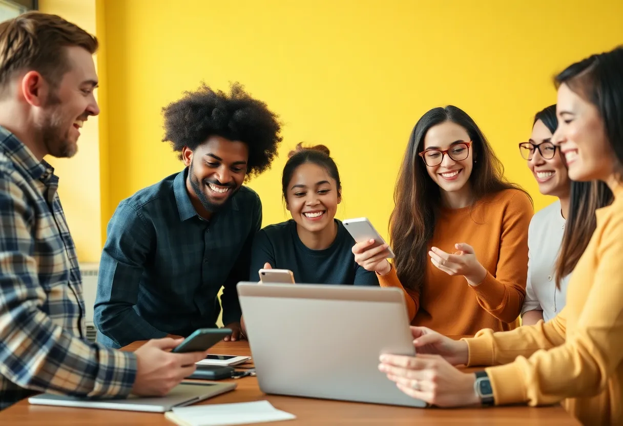 A diverse group of individuals discussing social media strategies with tech devices.