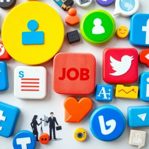 Collage depicting social media's impact on job recruitment with resumes and company culture.