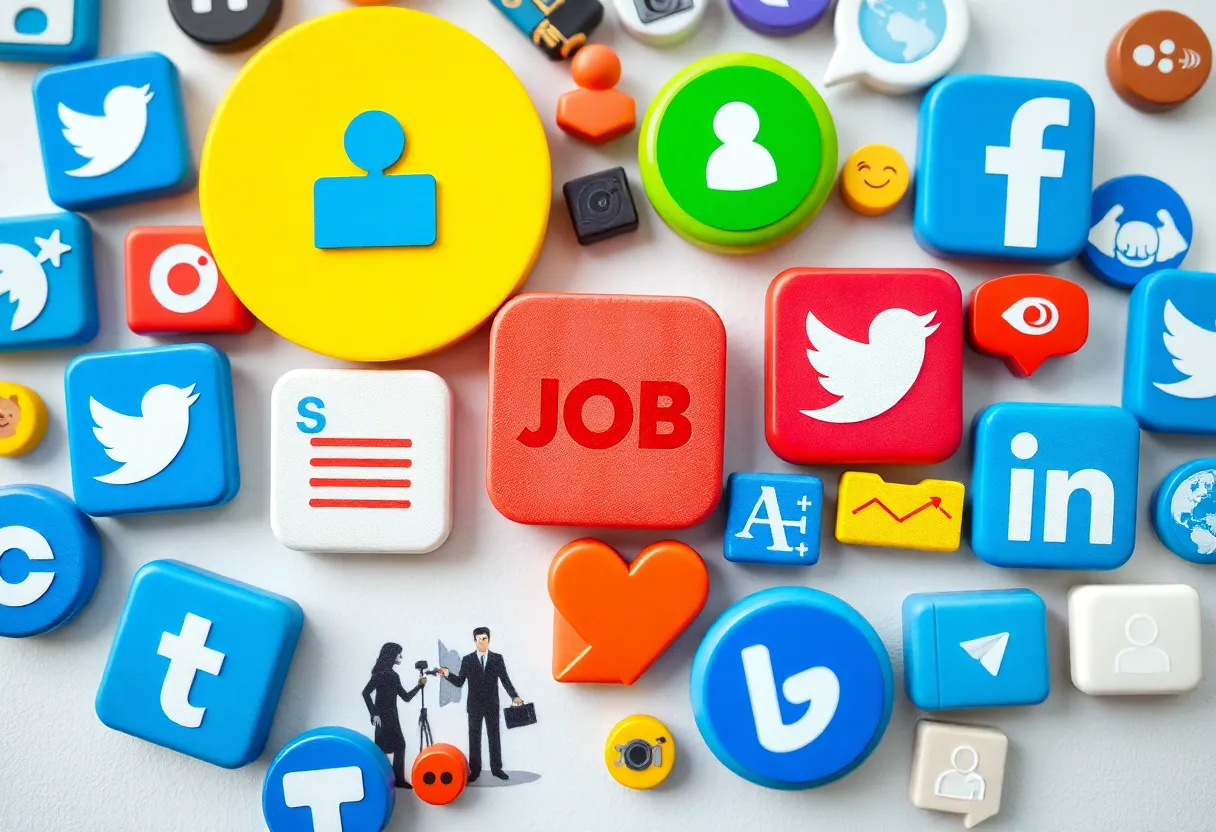 Collage depicting social media's impact on job recruitment with resumes and company culture.