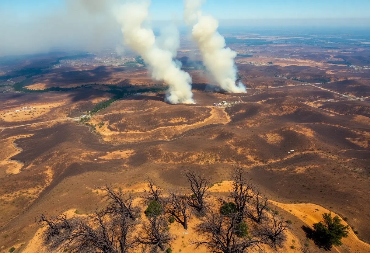 Aerial view of wildfire damage in Southern California with smoke and burnt land.