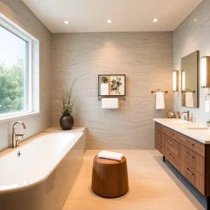 A modern and functional master bathroom after renovation.