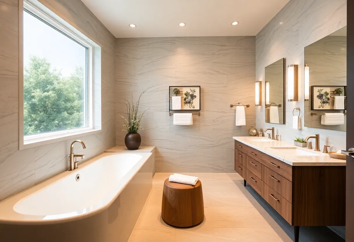 A modern and functional master bathroom after renovation.