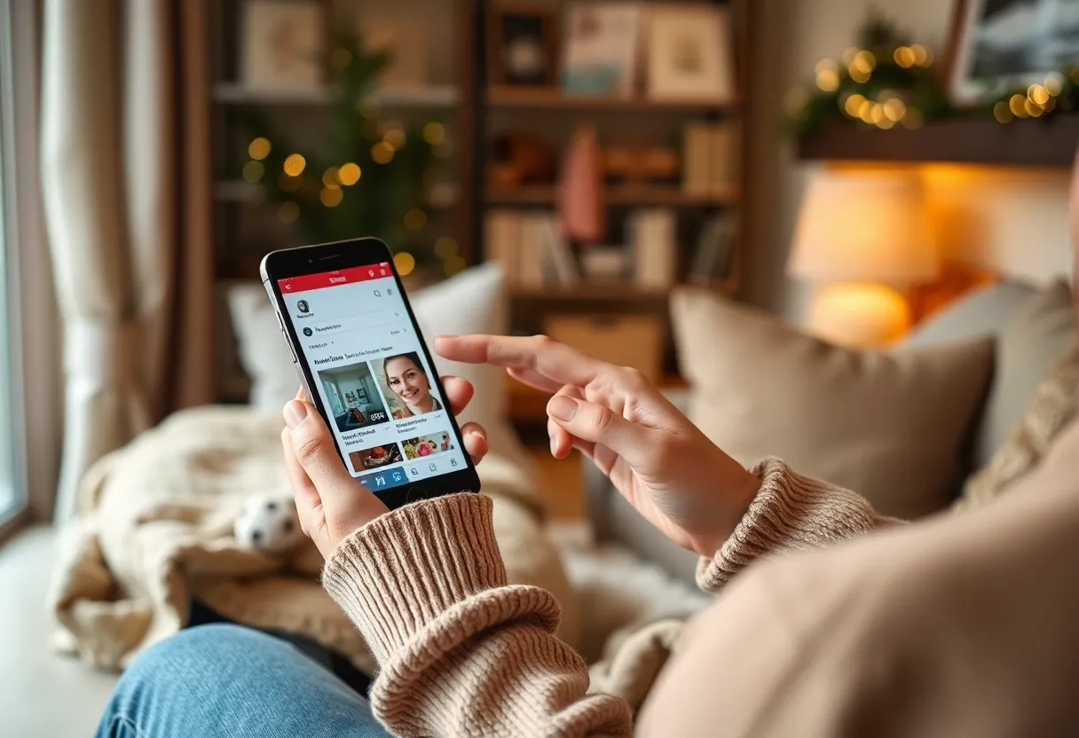 A person utilizing voice search technology on a smart device while shopping online at home.