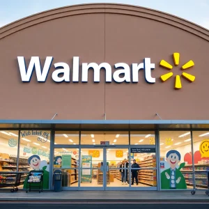 New Walmart store front featuring updated logo and colorful murals