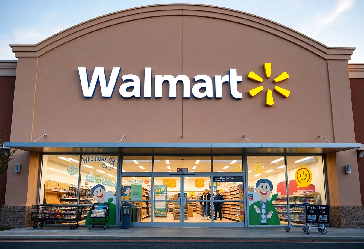 New Walmart store front featuring updated logo and colorful murals