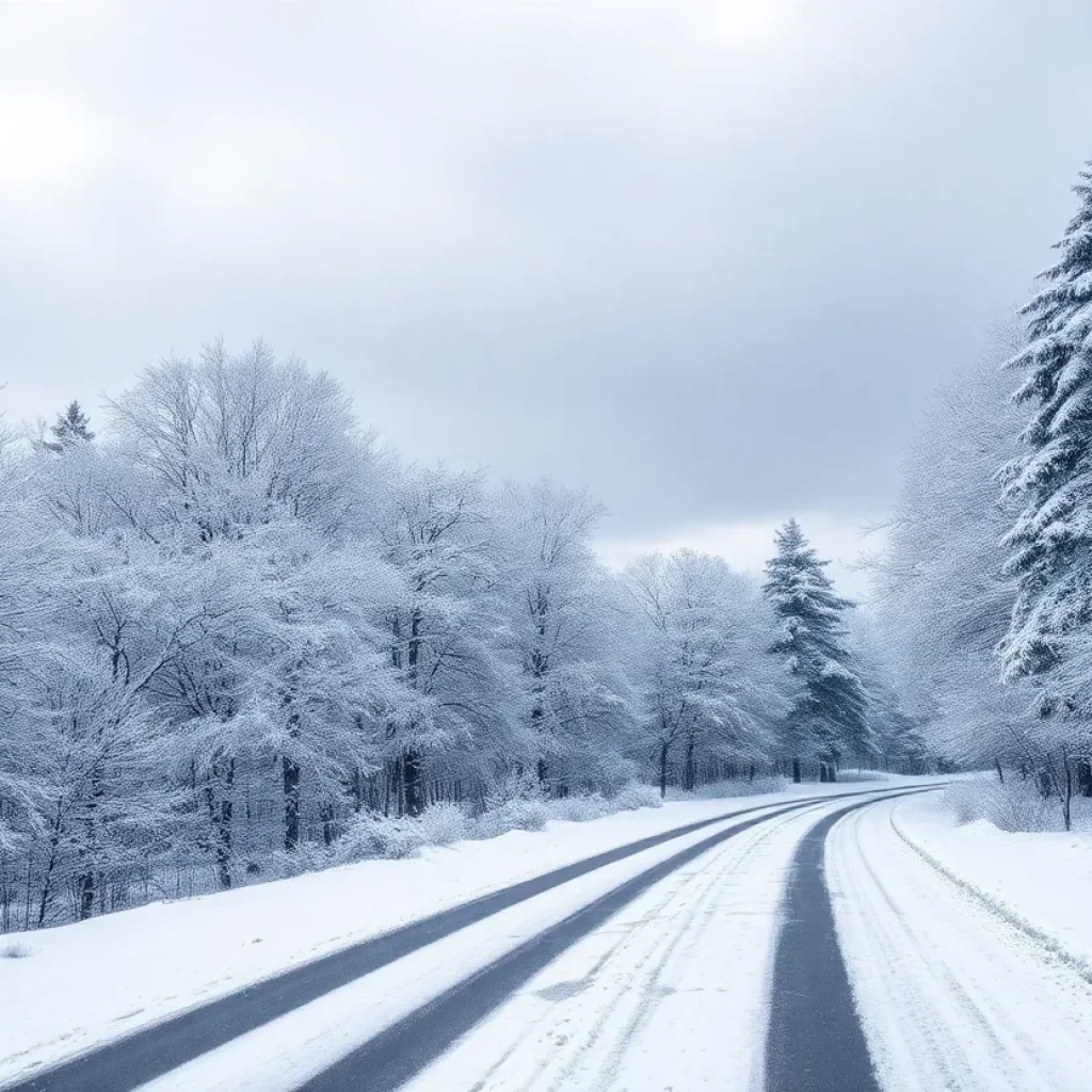 Snow-covered road and trees in winter storm