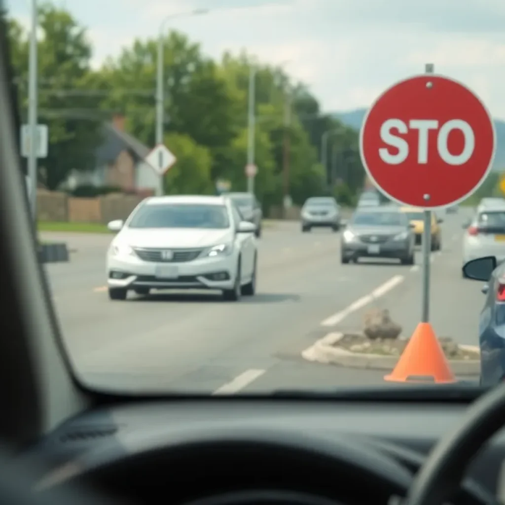 An elderly driver on a suburban street surrounded by safety signs.