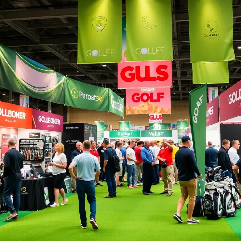 Vibrant scene of the Michigan Golf Show with exhibitors and attendees.