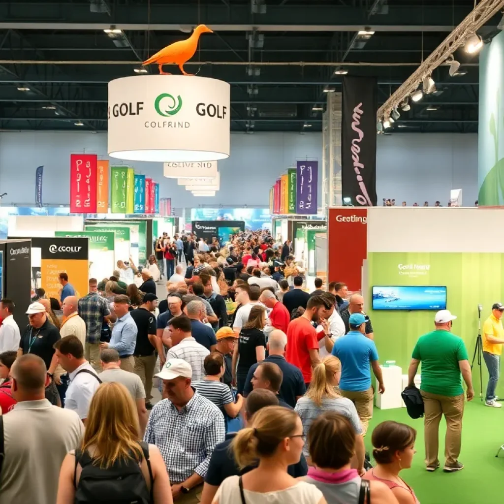 Attendees at the Michigan Golf Show exploring exhibition booths and competitions.