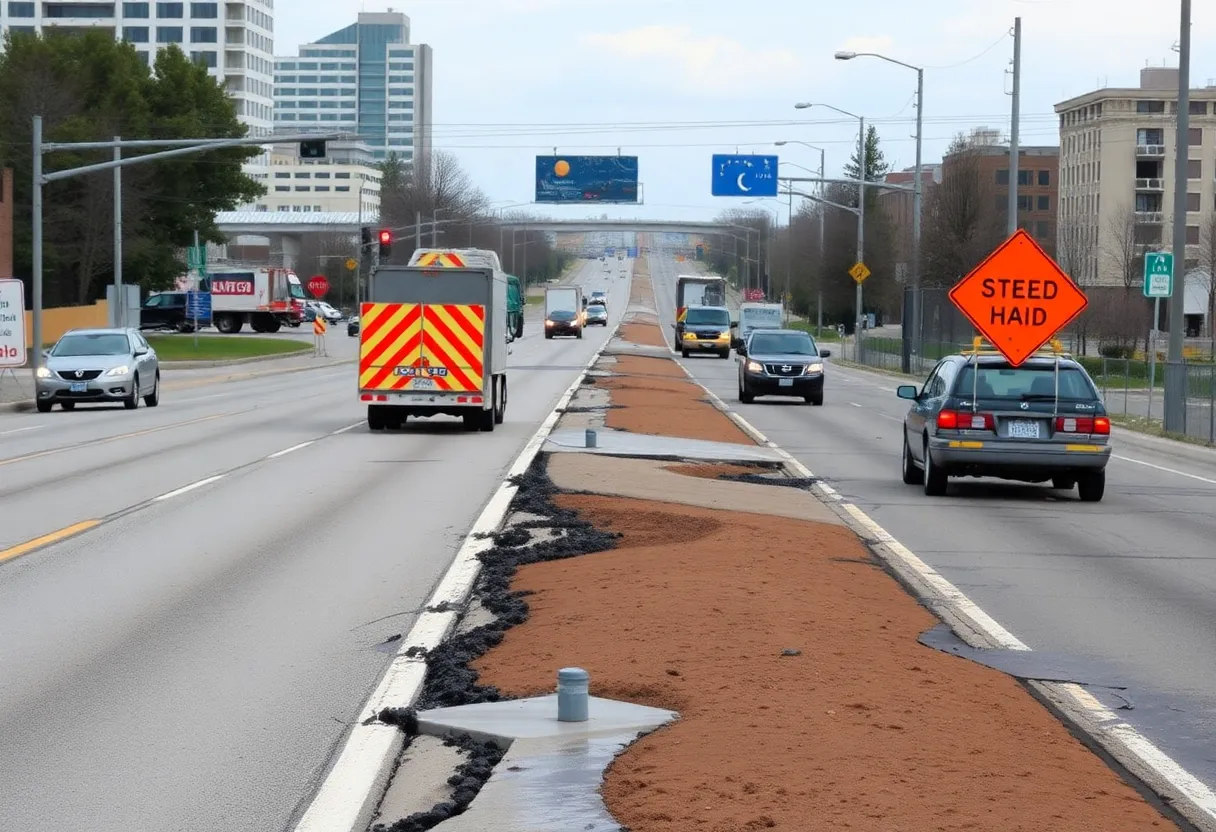 Damaged roadway in Michigan with construction signs