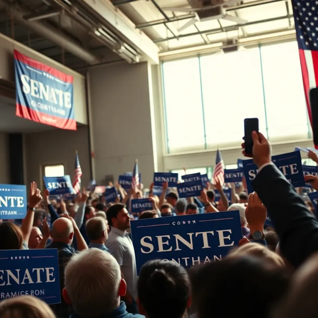 Political rally for a Senate candidate with supporters and banners