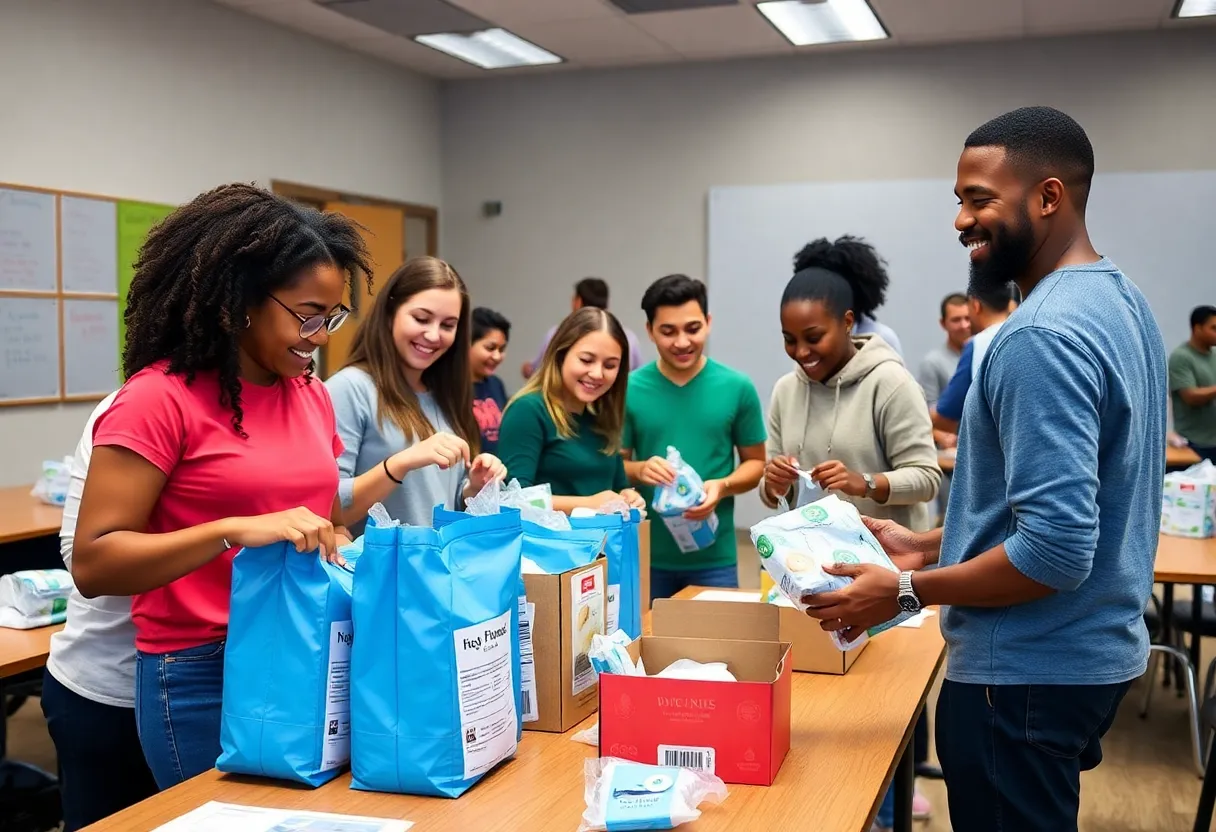 Students assembling hygiene kits for their community project at Mount Marty University.