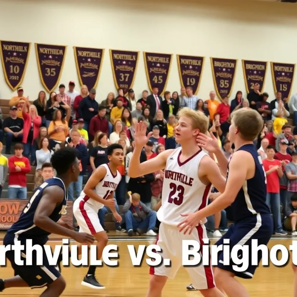 Northville High School girls basketball team competing against Brighton High School in an intense game.