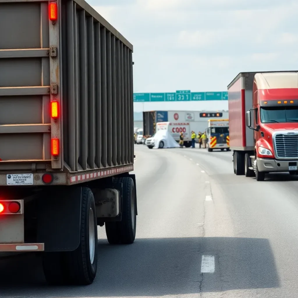 Accident scene on I-96 in Novi MI involving a semi truck and gravel hauler.