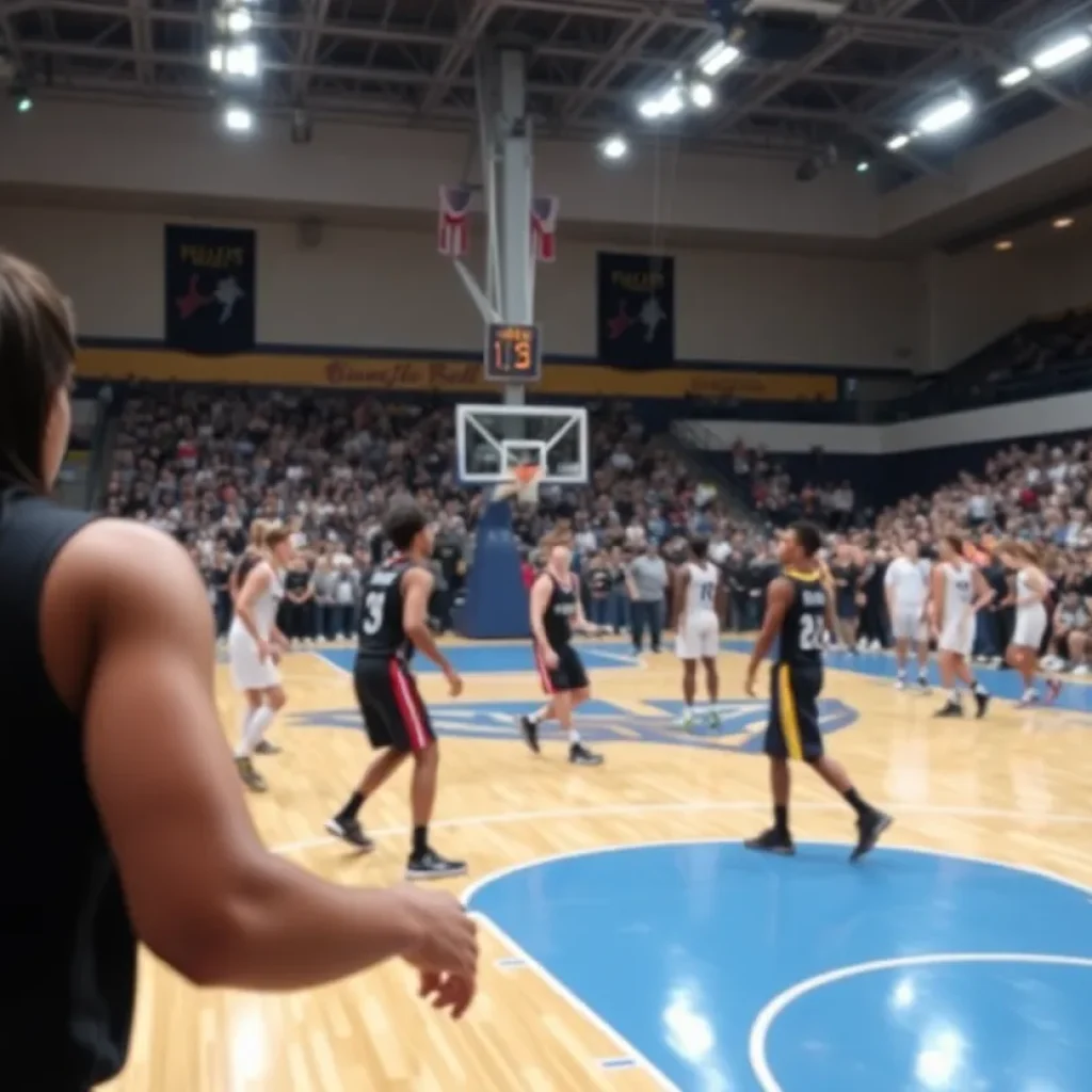 An intense basketball game with teams competing on the court.