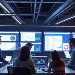 Business professionals reviewing email marketing software interfaces for 2024
