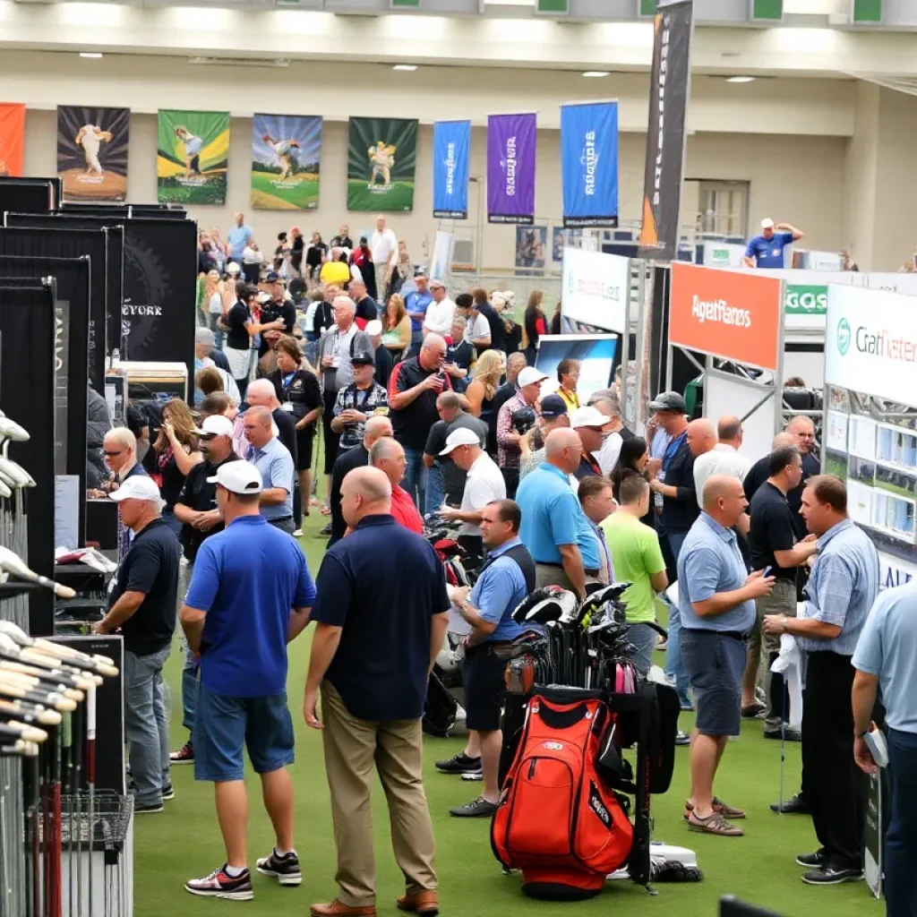 A lively scene from the Michigan Golf Show with vendors and attendees.