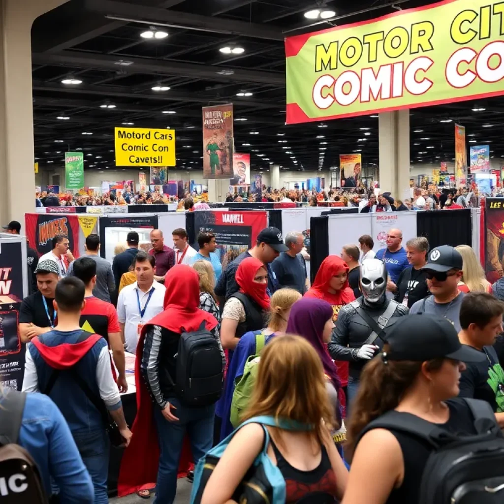 A lively Motor City Comic Con scene with fans and booths